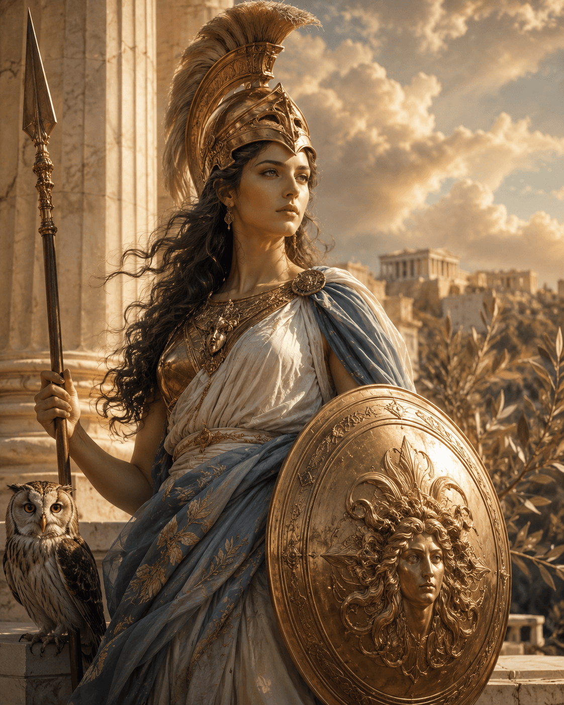 Athena in golden armor overlooking an ancient city